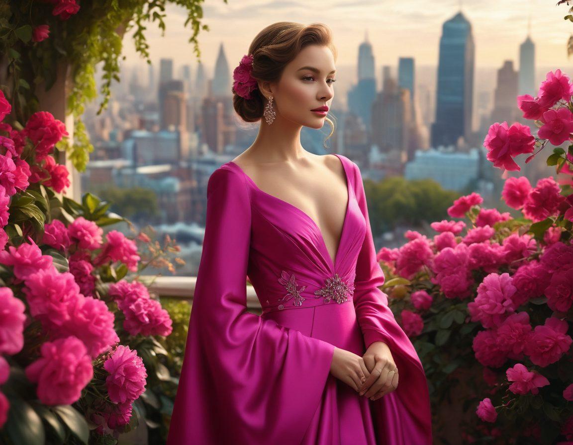 A stylish fashionista draped in an elegant fuchsia gown, surrounded by lush florals and sophisticated accessories, embodying grace and vibrancy. The background features a dreamy cityscape, hinting at trendsetting sophistication. Soft light highlights the textures of the fabric and flowers, creating a captivating atmosphere. super-realistic. vibrant colors. soft focus.