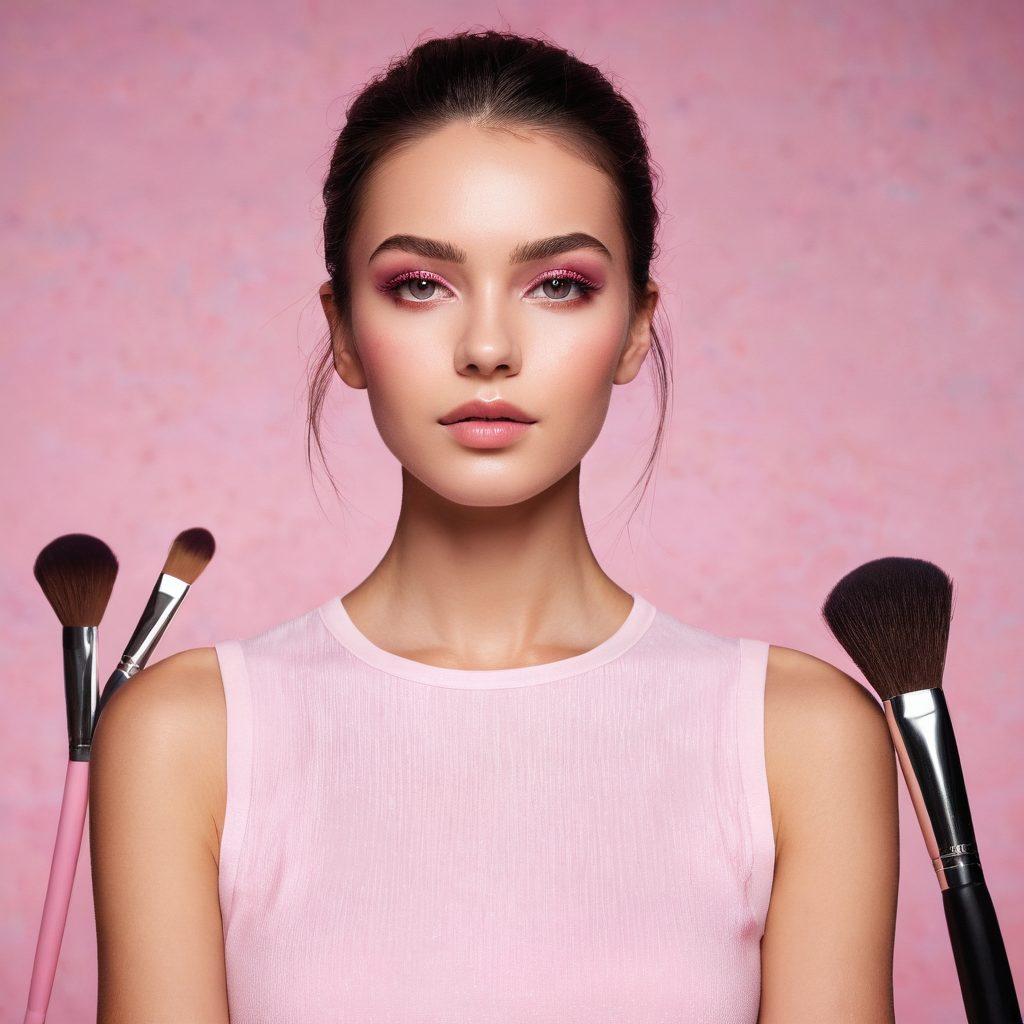 A stunning before-and-after collage featuring a woman's transformation using vibrant pink hues in her makeup and outfit. The left half shows a subtle, natural look with soft colors, while the right half bursts with bold pink shades, exuding confidence and style. The background is a gradient of pink shades that complement the theme. Include elegant makeup brushes and fashion accessories scattered artistically. vibrant colors. super-realistic.